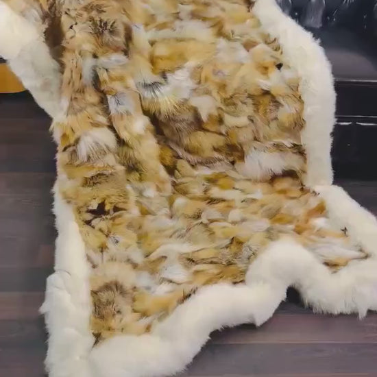 fox fur throw blanket red canadian — warm orange-red centre, white border panels, graphic contrast — Greek craftsmanship, TatiFurs
