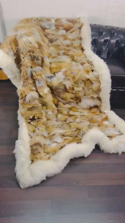 fox fur throw blanket red canadian — warm orange-red centre, white border panels, graphic contrast — Greek craftsmanship, TatiFurs
