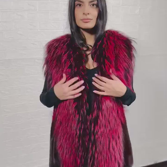 mink fur jacket with fox — full front view, fox panels open, burgundy mink body visible — Greek craftsmanship, TatiFurs
