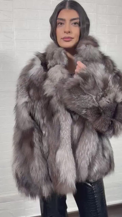 Fox fur jacket frost close-up texture showing natural frost fox pile depth and cool luminous silver grey tonal variation — Greek craftsmanship, TatiFurs
