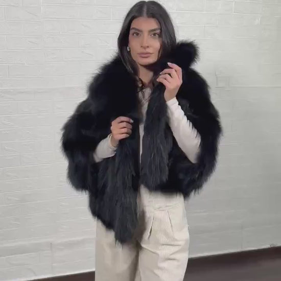 Fox Fur Cape Jacket Black with Collar - Tatifurs worn by model, showcasing luxurious black fox fur and plush collar.