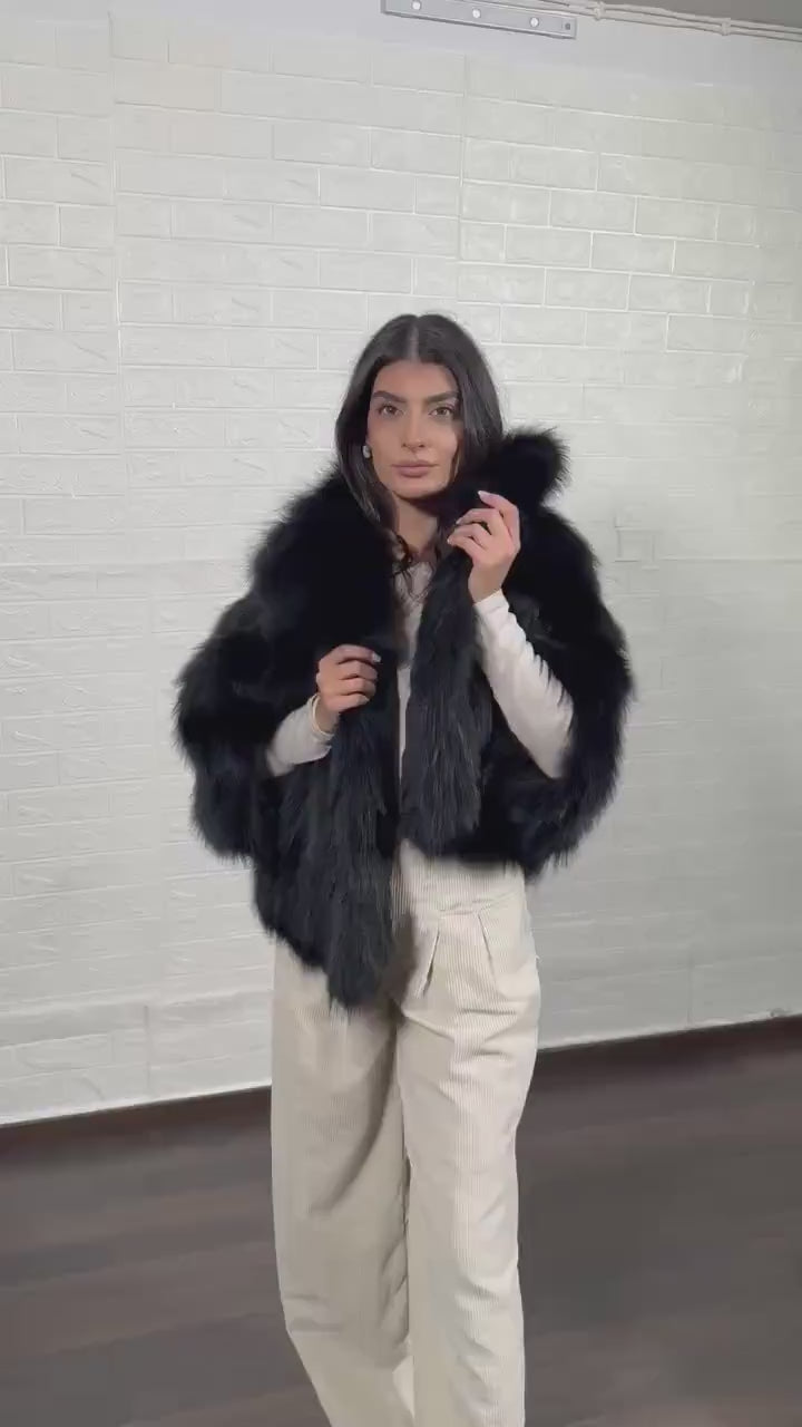 Fox Fur Cape Jacket Black with Collar - Tatifurs worn by model, showcasing luxurious black fox fur and plush collar.