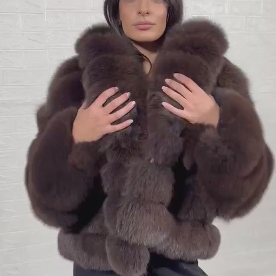 Fox fur jacket brown women shown full length from front displaying generous collar frame and button closure in horizontal rabbit trimmed brown fox rows — Greek craftsmanship, TatiFurs
