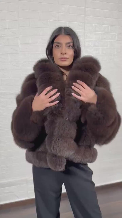 Fox fur jacket brown women shown full length from front displaying generous collar frame and button closure in horizontal rabbit trimmed brown fox rows — Greek craftsmanship, TatiFurs
