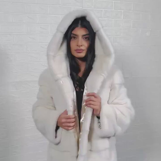 mink fur jacket white — side profile, hip level silhouette, horizontal construction — Greek craftsmanship, TatiFurs

