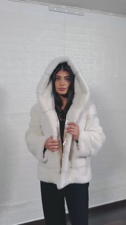 mink fur jacket white — side profile, hip level silhouette, horizontal construction — Greek craftsmanship, TatiFurs
