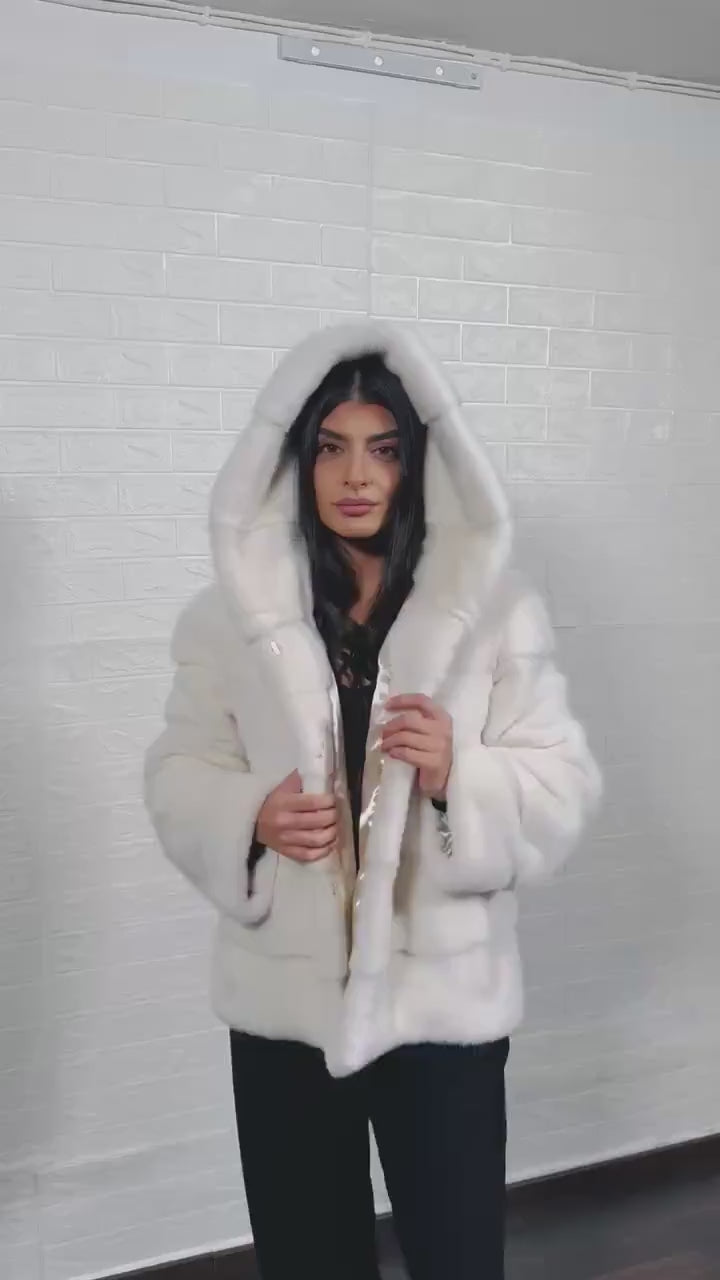 mink fur jacket white — side profile, hip level silhouette, horizontal construction — Greek craftsmanship, TatiFurs

