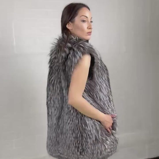 Fox fur vest silver women shown full length from front displaying collar frame and button closure in full skin luminous silver fox below hip — Greek craftsmanship, TatiFurs
