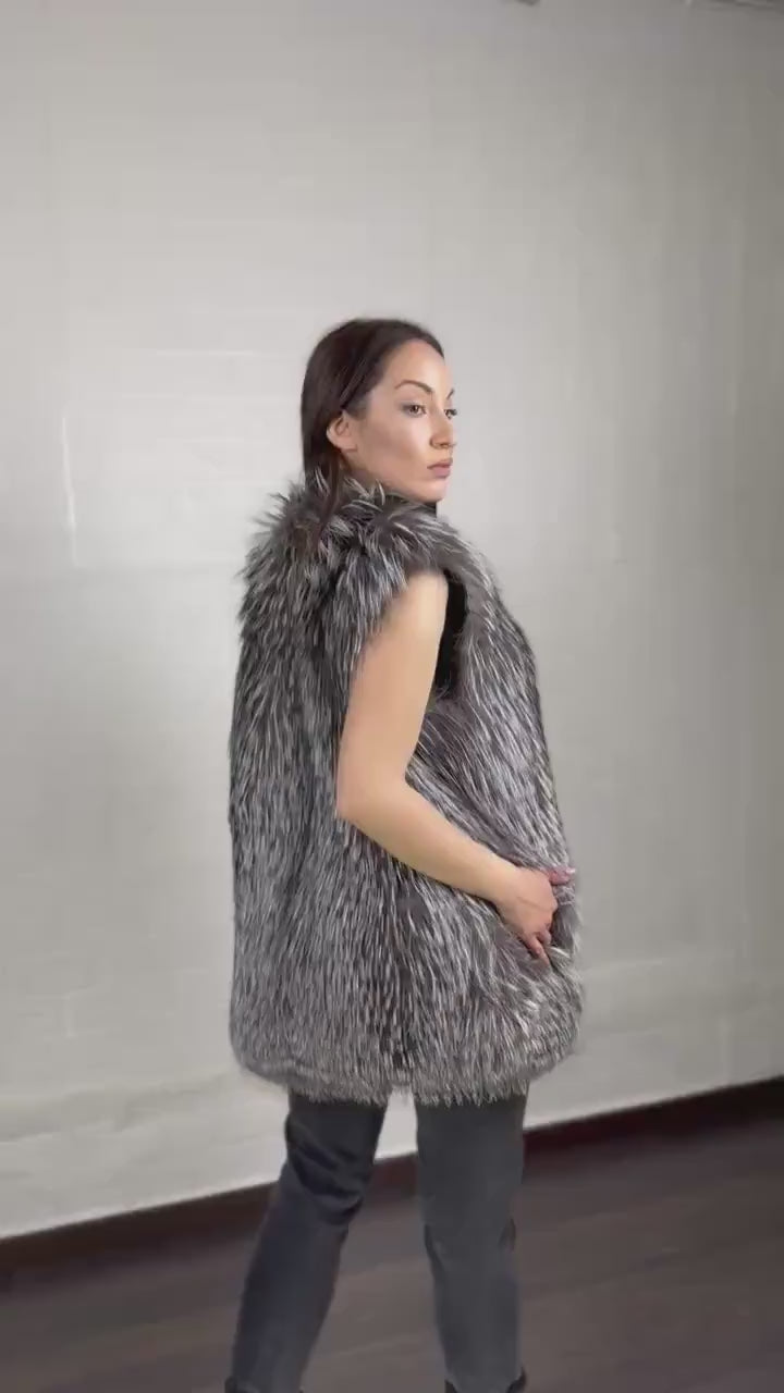 Fox fur vest silver women shown full length from front displaying collar frame and button closure in full skin luminous silver fox below hip — Greek craftsmanship, TatiFurs
