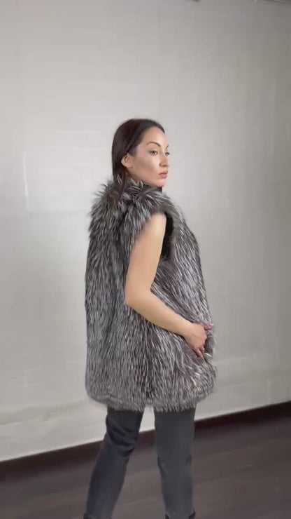Fox fur vest silver women shown full length from front displaying collar frame and button closure in full skin luminous silver fox below hip — Greek craftsmanship, TatiFurs
