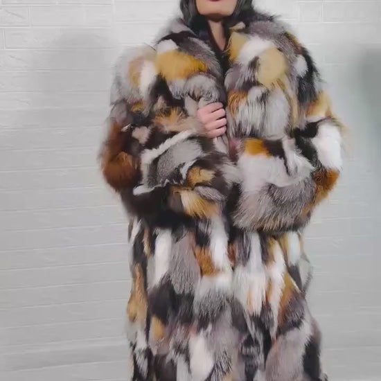 Fox Fur Coat Long Gross Natural with collar - Tatifurs displayed on a model, showcasing its vibrant colors and luxurious texture.