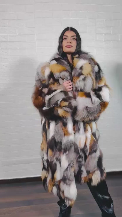 Fox Fur Coat Long Gross Natural with collar - Tatifurs displayed on a model, showcasing its vibrant colors and luxurious texture.