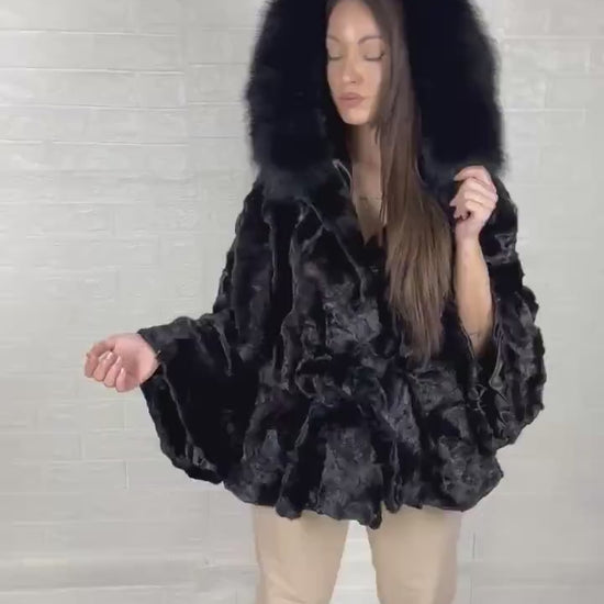 Mink fur cape black fox trim hood patchwork — handcrafted in Greece, Greek craftsmanship, TatiFurs