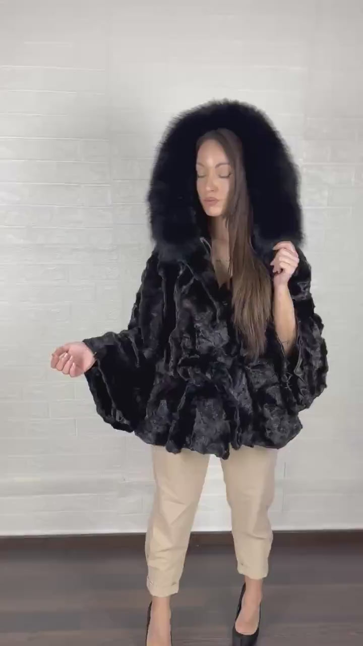 Mink fur cape black fox trim hood patchwork — handcrafted in Greece, Greek craftsmanship, TatiFurs