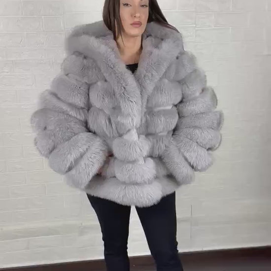 Gray fox fur jacket close-up texture showing full skin gray fox long pile and horizontal rabbit fur trim strip construction between fox rows — Greek craftsmanship, TatiFurs
