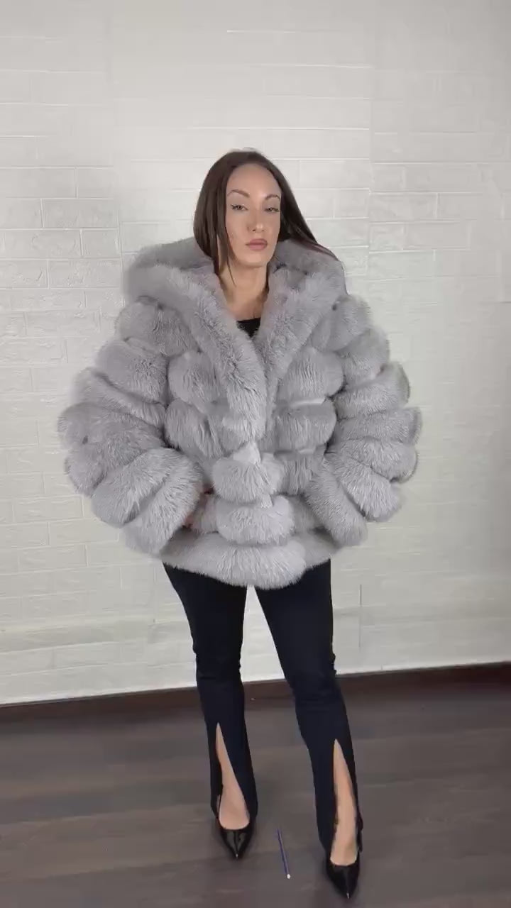 Gray fox fur jacket close-up texture showing full skin gray fox long pile and horizontal rabbit fur trim strip construction between fox rows — Greek craftsmanship, TatiFurs
