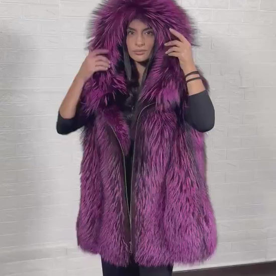 Hood detail of purple and black fox fur vest — Greek craftsmanship, TatiFurs
