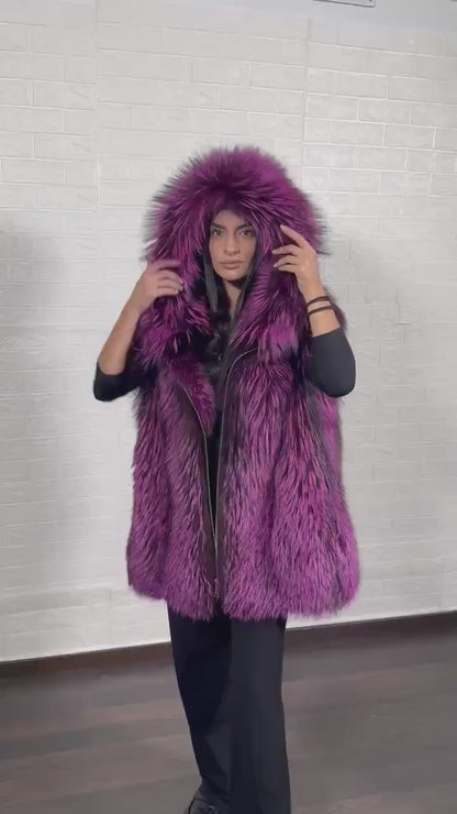Hood detail of purple and black fox fur vest — Greek craftsmanship, TatiFurs
