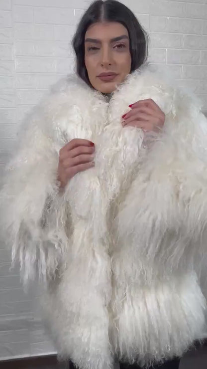 Mongolian jacket white women shown full length from front displaying collar frame and button closure in pure white Mongolian wool sheepskin — Greek craftsmanship, TatiFurs
