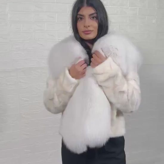 mink fur jacket white with fox — white mink body close-up, uniform luminous surface — Greek craftsmanship, TatiFurs
