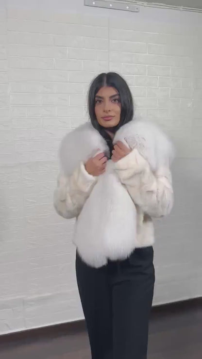 mink fur jacket white with fox — white mink body close-up, uniform luminous surface — Greek craftsmanship, TatiFurs
