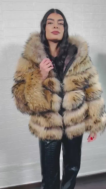 Finn raccoon fur jacket natural women shown full length from front displaying hooded silhouette and zipper closure in horizontal leather framed Finnish raccoon rows — Greek craftsmanship, TatiFurs
