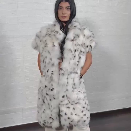 Fox fur vest white dalmatian women shown full length from front displaying collar frame short sleeves and button closure in natural spotted white fox — Greek craftsmanship, TatiFurs
