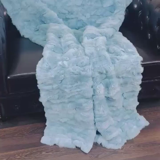 rex rabbit fur throw blanket light blue — soft luminous light blue tone, serene surface — Greek craftsmanship, TatiFurs
