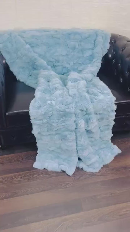 rex rabbit fur throw blanket light blue — soft luminous light blue tone, serene surface — Greek craftsmanship, TatiFurs
