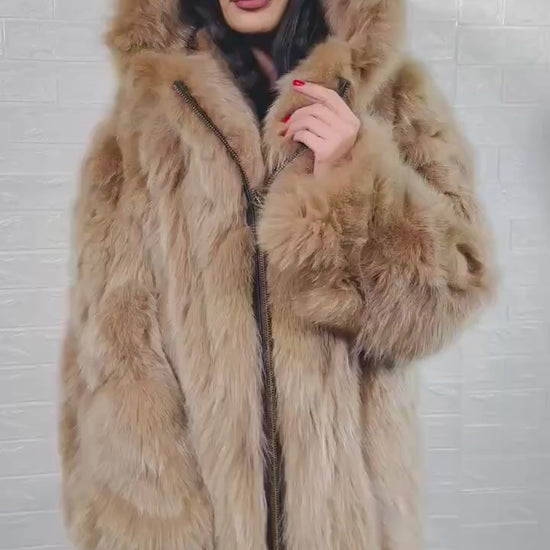 Fox Fur Jacket Brown Hooded with Zipper - Tatifurs on a model, showcasing luxurious and cozy design.