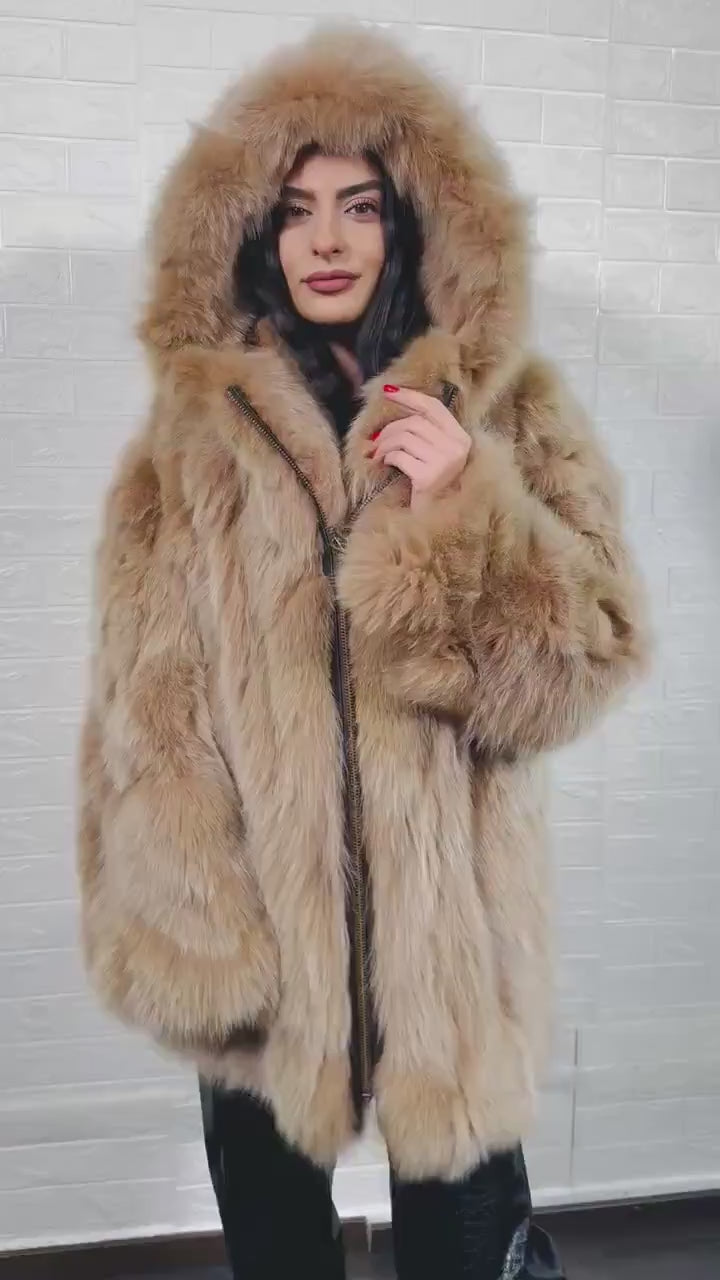 Fox Fur Jacket Brown Hooded with Zipper - Tatifurs on a model, showcasing luxurious and cozy design.