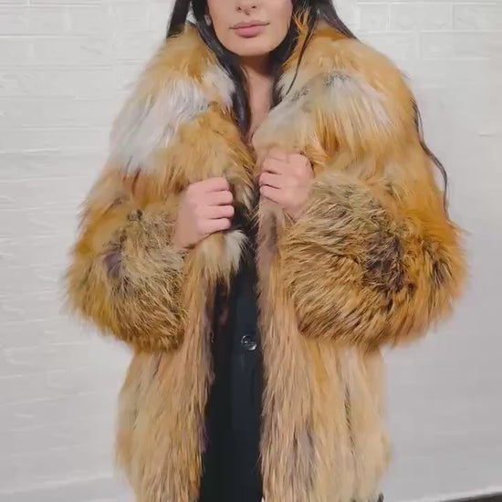 Fox fur jacket gold women shown full length from front displaying collar frame and button closure in full skin warm radiant gold fox — Greek craftsmanship, TatiFurs
