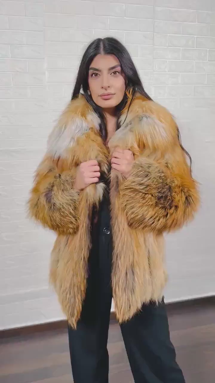Fox fur jacket gold women shown full length from front displaying collar frame and button closure in full skin warm radiant gold fox — Greek craftsmanship, TatiFurs
