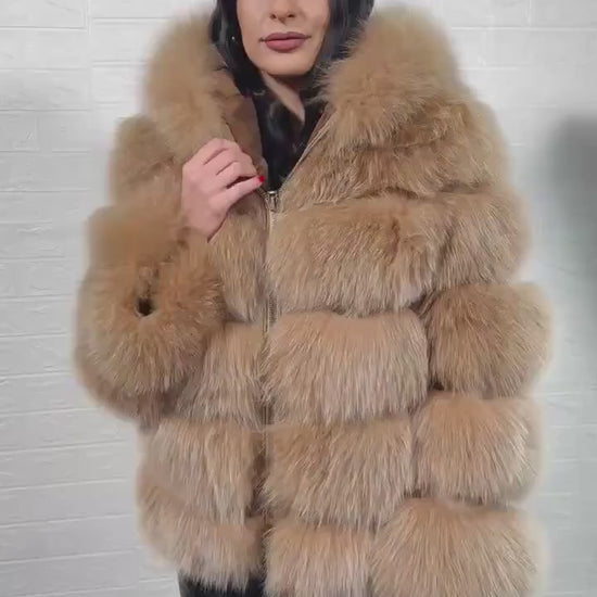 Fox fur Coat Jacket Camel brown with zood and zipper video display