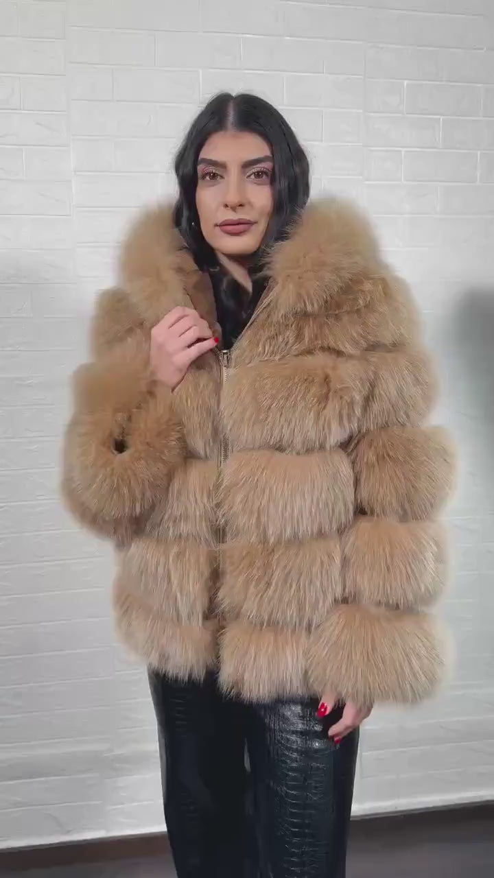 Fox fur Coat Jacket Camel brown with zood and zipper video display