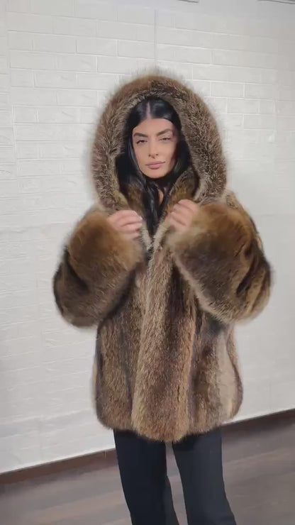 Raccoon fur jacket — natural brown video