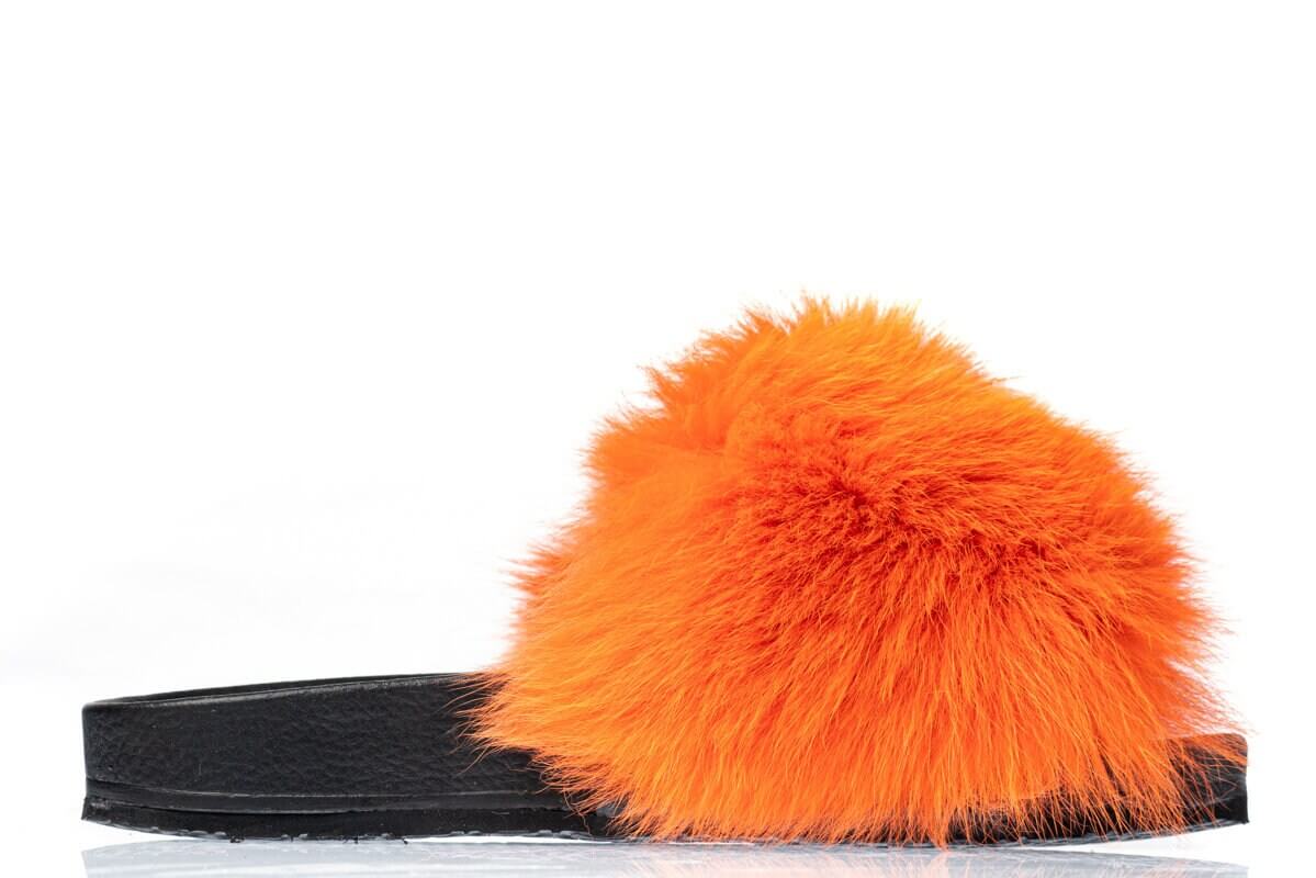 Fox Fur Slides Orange - Tatifurs with vibrant orange fur and black base, perfect for stylish comfort.