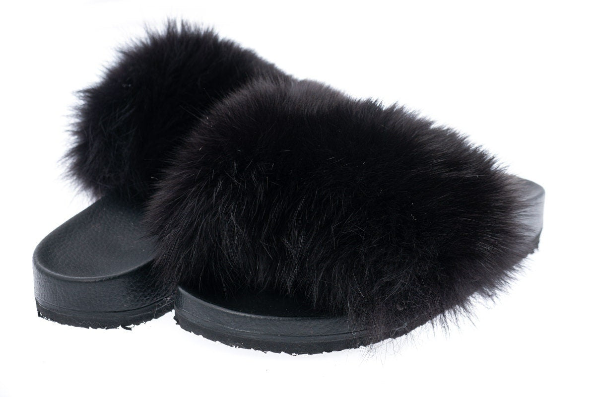 Fur slides, fur slippers, fox fur slides, fluffy slides