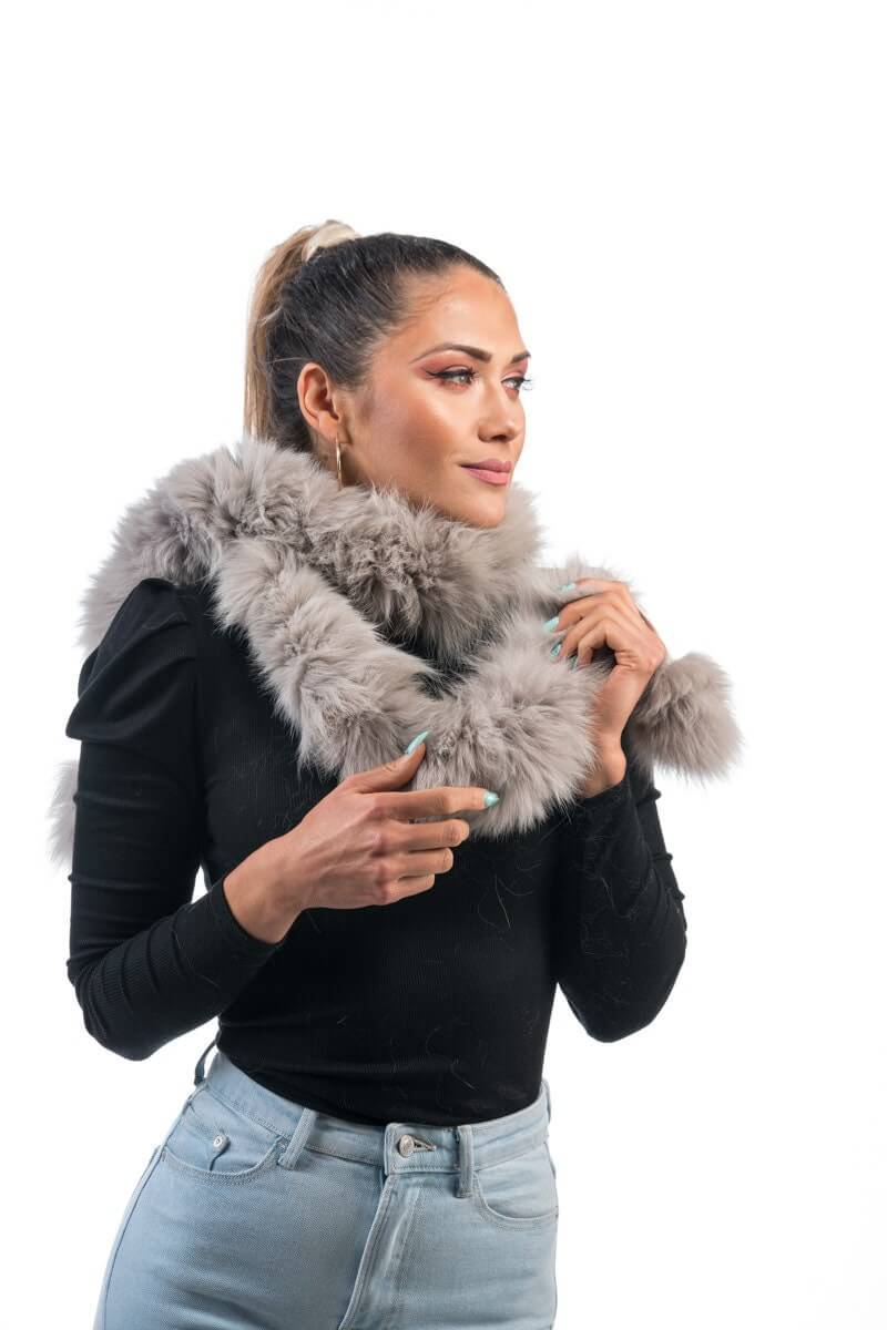 Fox Fur Scarf Gray - Tatifurs worn by model, showcasing the luxury and playful pom poms.