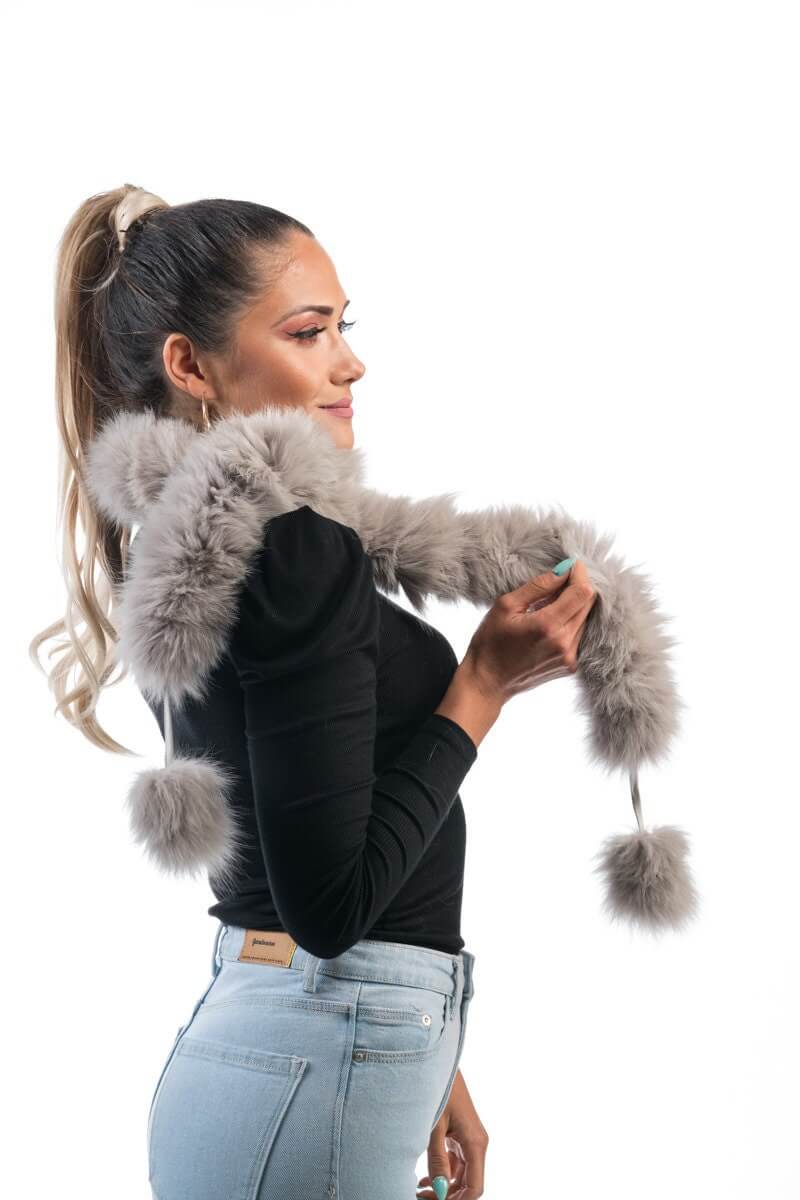 Fox Fur Scarf Gray - Tatifurs, showcasing luxurious gray fox fur with playful pom poms on each end.