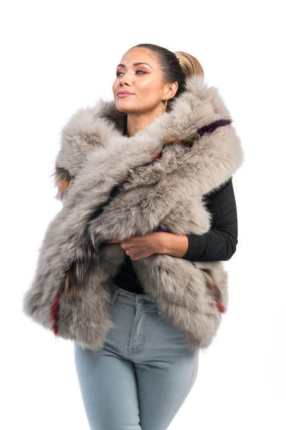 Fox Fur Scarf Long Gray Colorful Line - Tatifurs worn by model, showcasing its rich softness and unique colorful line detail.