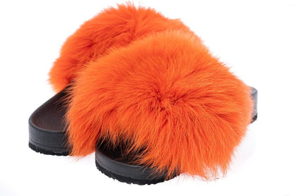 Fox Fur Slides Orange - Tatifurs showcasing luxurious orange fur slides for women, perfect for any outfit.