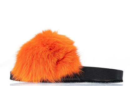 Fox Fur Slides Orange - Tatifurs featuring vibrant orange fox fur, perfect for stylish comfort.