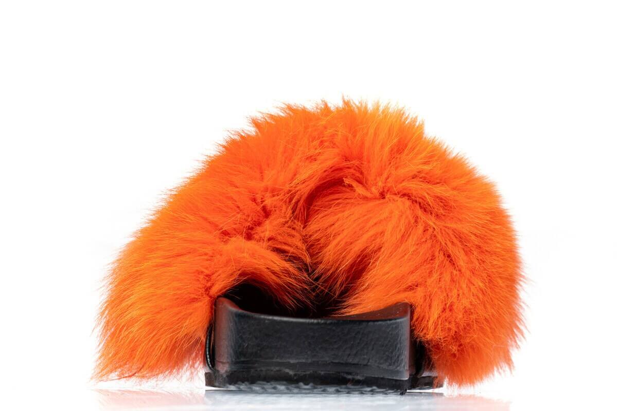 Fox Fur Slides Orange - Tatifurs with fluffy orange fur from the back view, showcasing its stylish design.
