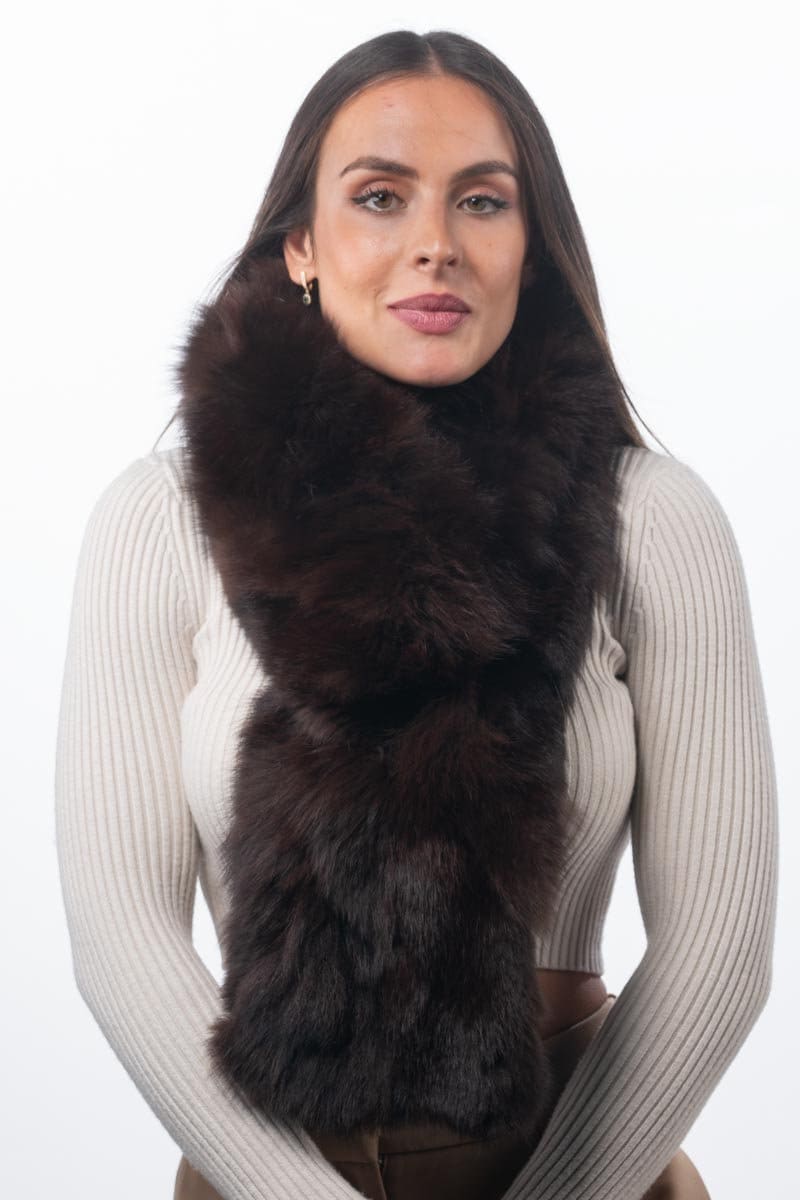 Fox Fur Scarf Brown - Tatifurs worn by a model, showcasing its rich, deep brown color and luxurious feel.