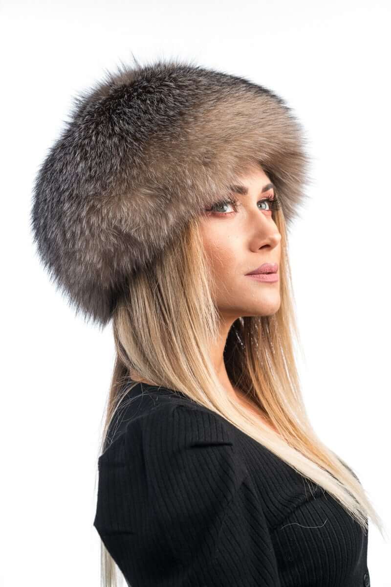 Fox Fur Hat Crystal - Tatifurs model wearing a luxurious natural crystal fox fur hat with soft grey and icy white tones.