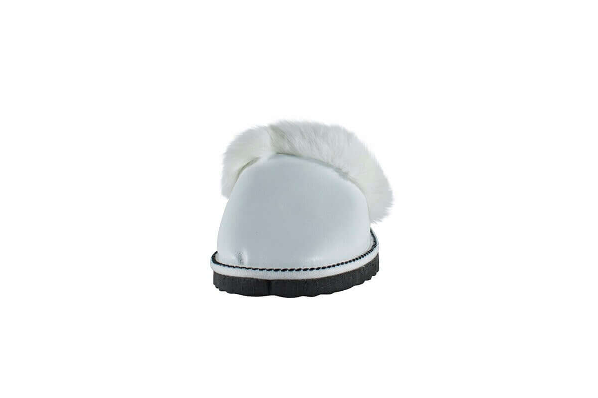 Sheepskin Wool Leather Fur Slippers White for Women rear view featuring soft fur and high-quality sole.