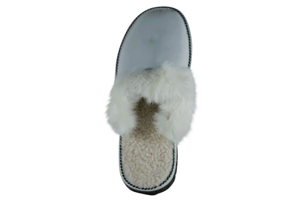 Sheepskin Wool Leather Fur Slippers White for Women, luxury comfort with genuine leather and sheepskin wool.
