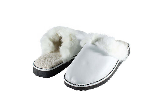 White Fur Leather & Sheepskin Slippers