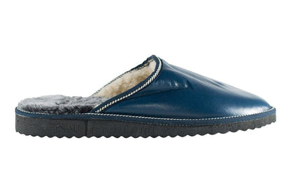 Leather Fur Sheepskin Slippers for Men Blue - Tatifurs side view on a white background.